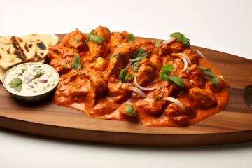 Juicy chicken tikka masala on a wooden board against a white background