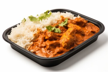Tempting chicken tikka masala on a plastic tray against a white background