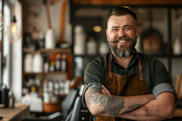 Portrait of smiling barista standing with arms crossed in barber shop - obrazy, fototapety, plakaty