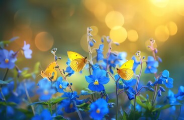 yellow butterflies flying in the grass at sunrise, in the style of blue and azure, delicate flowers,