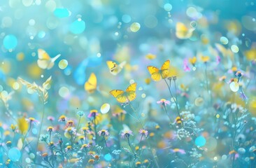 Fototapeta na wymiar yellow butterflies flying in the grass at sunrise, in the style of blue and azure, delicate flowers,