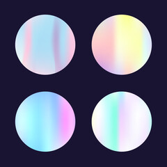 Gradient round set with holographic mesh. Abstract hologram. Iridescent gradient round set. Minimalistic 90s, 80s retro style graphic template for placard, presentation, banner, brochure.