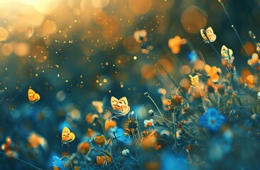 yellow butterflies flying in the grass at sunrise, in the style of blue and azure, delicate flowers, - obrazy, fototapety, plakaty