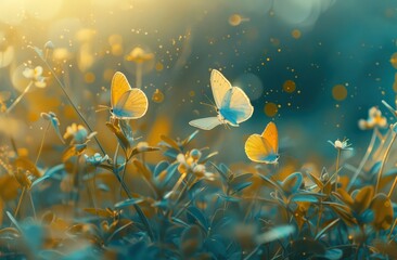 yellow butterflies flying in the grass at sunrise, in the style of blue and azure, delicate flowers,