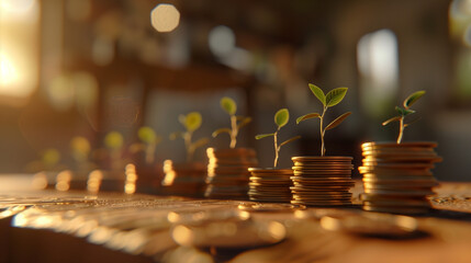 Investment Growth Concept with Coins and Plant Sprouts Near Model House