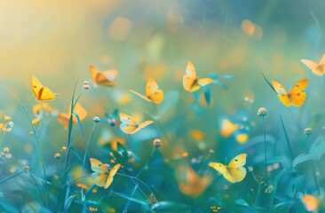 Naklejka na ściany i meble yellow butterflies flying in the grass at sunrise, in the style of blue and azure, delicate flowers,