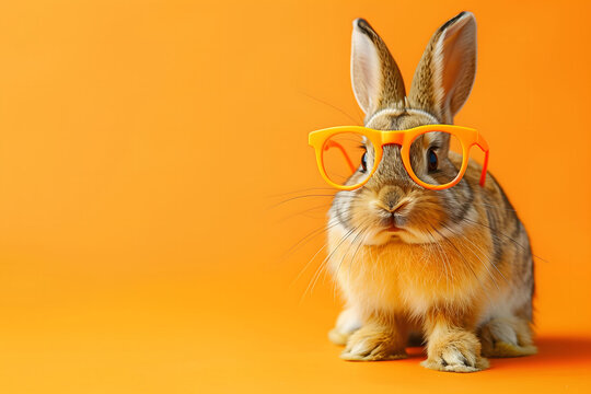 An adorable rabbit wearing eye-catching orange glasses, captured against a light orange backdrop