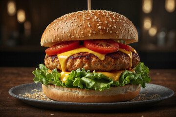 Chicken burger ai generated. Tasty beef burger, cheeseburger, hamburger with melting cheese. Soft focus grilled cheeseburger. Generative AI