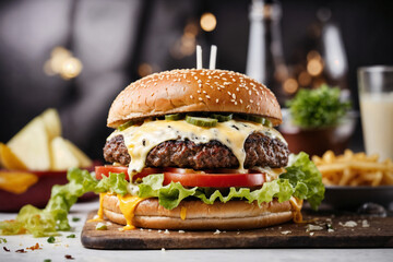 Burger ai generated. Tasty burger, cheeseburger, hamburger with melting cheese. Soft focus grilled cheeseburger in restaurant. Generative AI