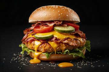 Burger ai generated. Tasty chicken burger, cheeseburger, hamburger with bacon. Soft focus grilled cheeseburger. Generative AI - 747393735