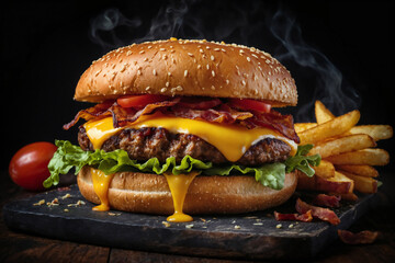Burger ai generated. Tasty burger, cheeseburger, hamburger with bacon. Soft focus french fries. Generative AI.