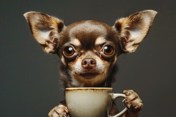 Dog chihuahua with a cup of hot coffee