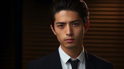 Portrait of a handsome young asian man in black suit.