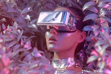 Foto op Aluminium A surreal image of a woman with sparkling skin wearing a VR headset surrounded by metallic leaves © Fxquadro
