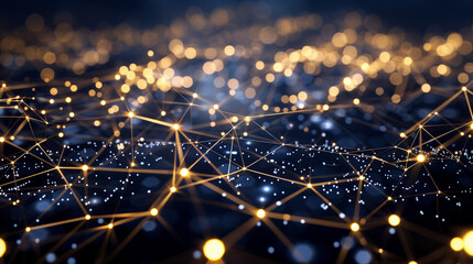Abstract Network Connections with Golden Nodes on Blue Background