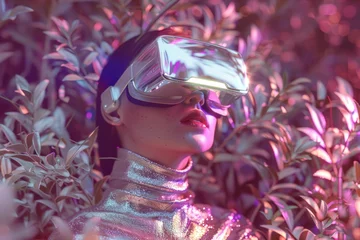 Foto op Aluminium A woman in a shiny, metallic outfit is wearing a Virtual Reality headset in an ethereal plant-filled setting © Fxquadro