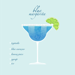 Blue Margarita cocktail isolated on a lemon background. Retro party, Vector illustration, fresh drink menu.
