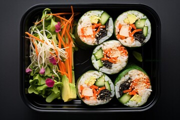  Exquisite spring rolls in a bento box against a white background