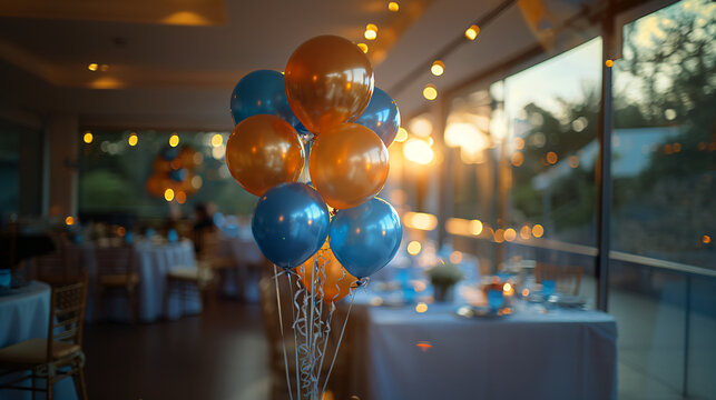 balloons decoration on a birthday celebration, with blurred tables on the background 