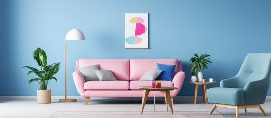 The living room features vibrant blue walls contrasted by a bubblegum pink couch. The room is cozy and inviting, with a modern aesthetic.