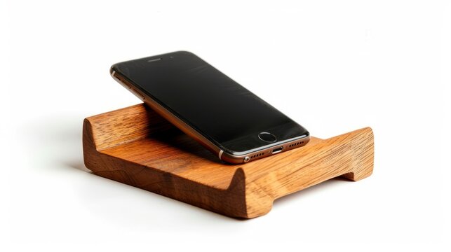Handmade teak wood phone holder isolated on white background - unique design