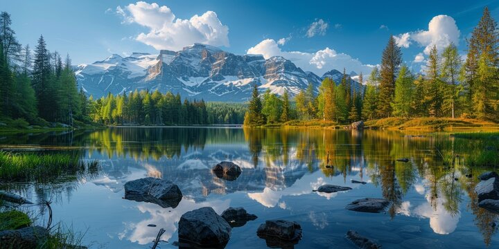 Mountain landscape with a lake that reflects the surrounding beauty. The mountains trees and sky come together to create a harmonious and peaceful scene