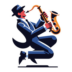 Musician playing saxophone, music player performing solo, holding sax instrument in hands, man saxophonist, jazz and blues performance. Flat vector illustration isolated on white background