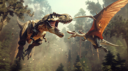 Obraz premium Tyrannosaurus Rex clashing mid-air with a Pteranodon