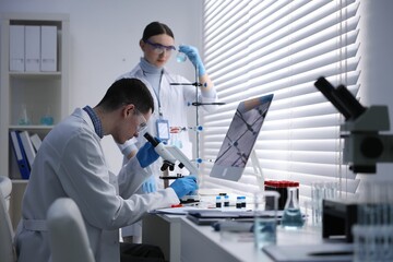 Naklejka na ściany i meble Scientists working with samples in laboratory. Medical research