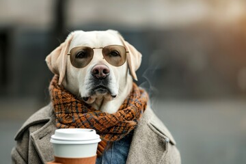 Dog labrador retriever with a cup of hot coffee