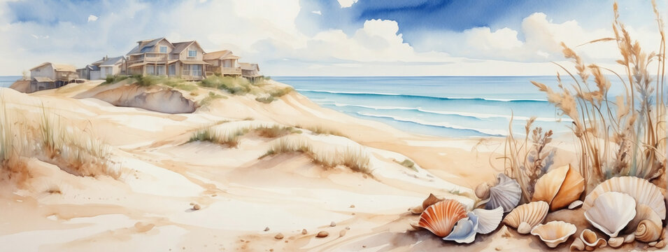 Coastal watercolor scene with a peaceful beach, sand dunes, and seashells.