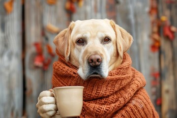 Dog labrador retriever with a cup of hot coffee