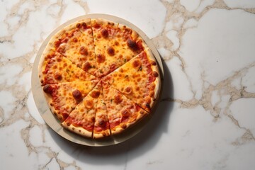 Juicy pizza on a ceramic tile against a minimalist or empty room background