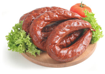 Sausage on the board isolated on the white background