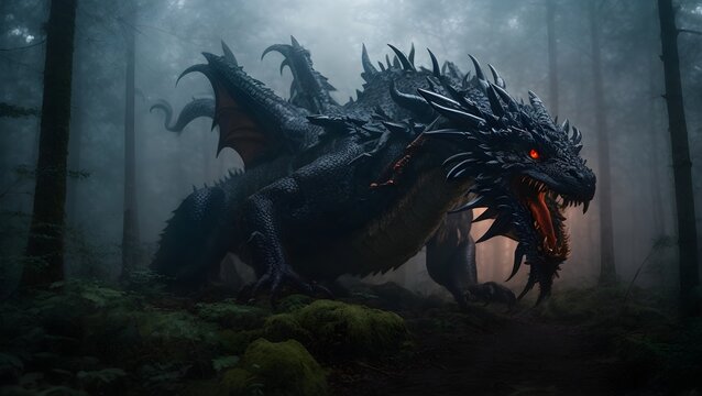 fantasy dragon in a dark forest with fog