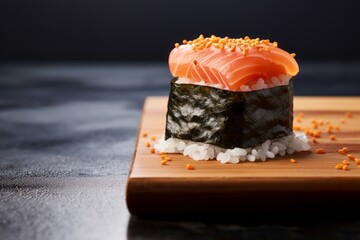 Tempting sushi on a ceramic tile against a minimalist or empty room background