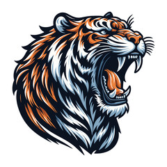 Wild roaring tiger head face vector illustration, zoology illustration, animal predator big cat design template isolated on white background