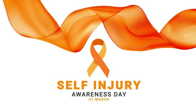 Self Injury Awareness Day. Orange color ribbon wave motion.