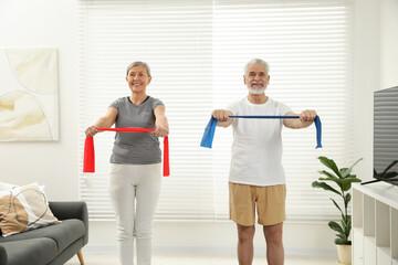 Fototapeta na wymiar Senior couple doing exercise with fitness elastic bands at home