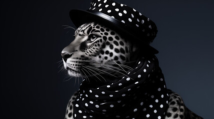 Fashion portrait of a white leopard in a hat and scarf on a black background. Animal character close up.