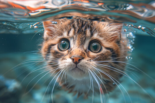 We were able to successfully film a cute kitten swimming deftly underwater. The concept of the fun of owning a cat.