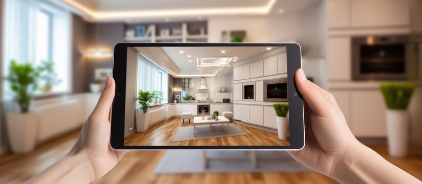 A person is holding up a tablet, displaying a modern kitchen design on a blank project background.