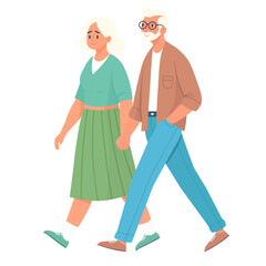 An elderly couple is walking hand in hand. Vector illustration.
