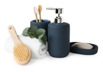Bath accessories. Set of different personal care products and eucalyptus leaves isolated on white