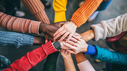 A top view of a diverse team's hands, each person placing one hand on top of the other, showing support and collaboration, Diversity People Group Team Union, blurred background, wi