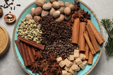Different spices with nuts in bowls and fir branch on light gray textured table, flat lay