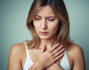 Sick sad woman with heart attack or pain inside chest or health problem holding touching her chest with hands