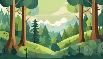 Foto op Canvas Illustration of a Lush Vector Forest Scene with Diverse Trees, Perfect for Nature Lovers and Environmental Themes. Enhance Your Projects with This Vibrant and Detailed Image.  © Hogr