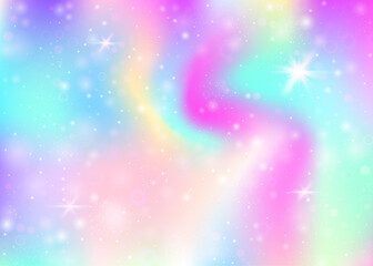 Fairy background with rainbow mesh.  Mystical universe banner in princess colors. Fantasy gradient backdrop with hologram. Holographic fairy background with magic sparkles, stars and blurs.