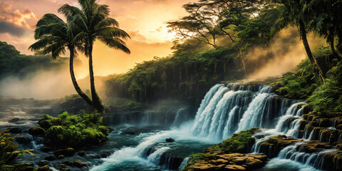 Fantasy landscape with waterfalls, panorama. - obrazy, fototapety, plakaty